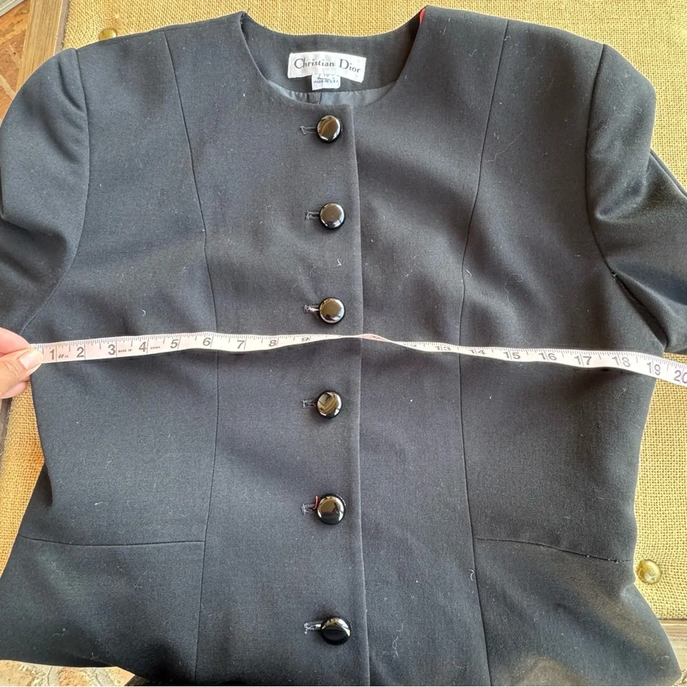 Vintage Christian Dior Black Red Cuff Blazer Size 12 USA Made Wool Blend Classic